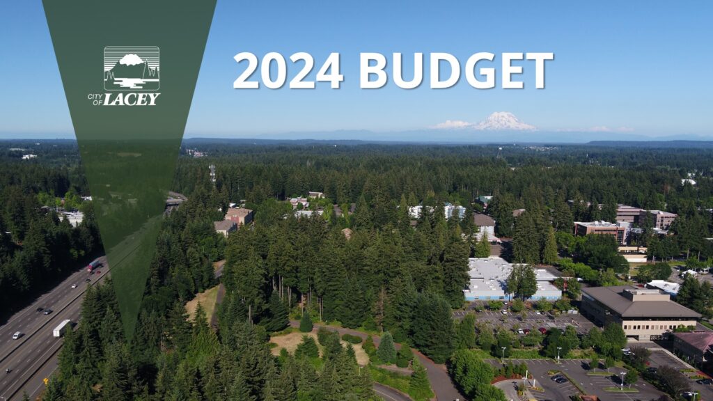 2024 Budget Cover Image - Aeriel view of Lacey Midtown with Interstate 5 and Mount Rainier